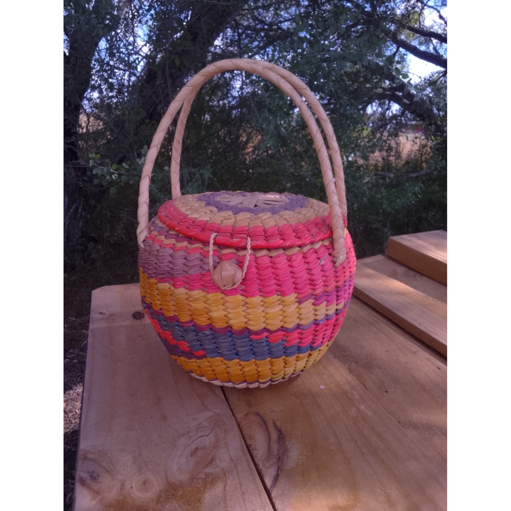 Vintage Colorful Woven Straw Basket Bag Round Multi Color Boho Handbag with Lid